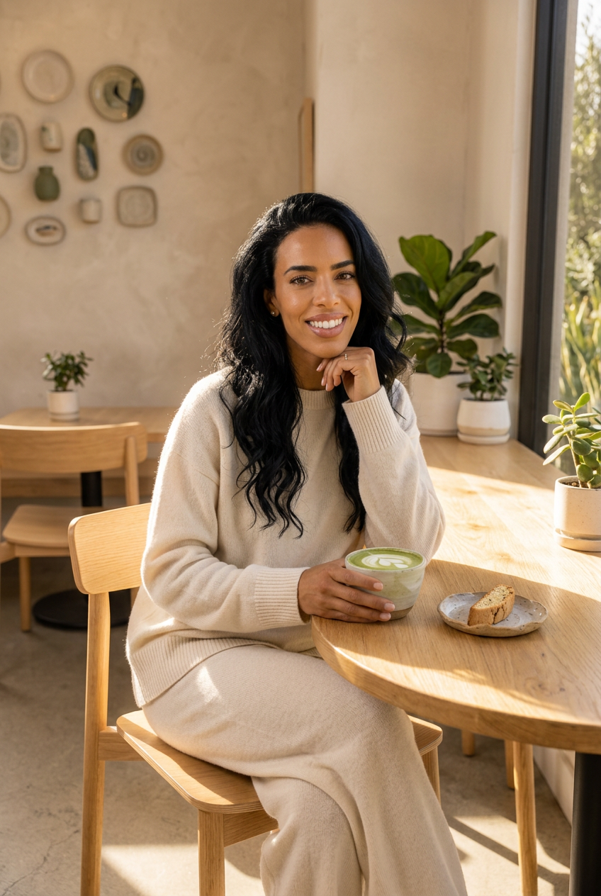 Elara at a sunlit cafe