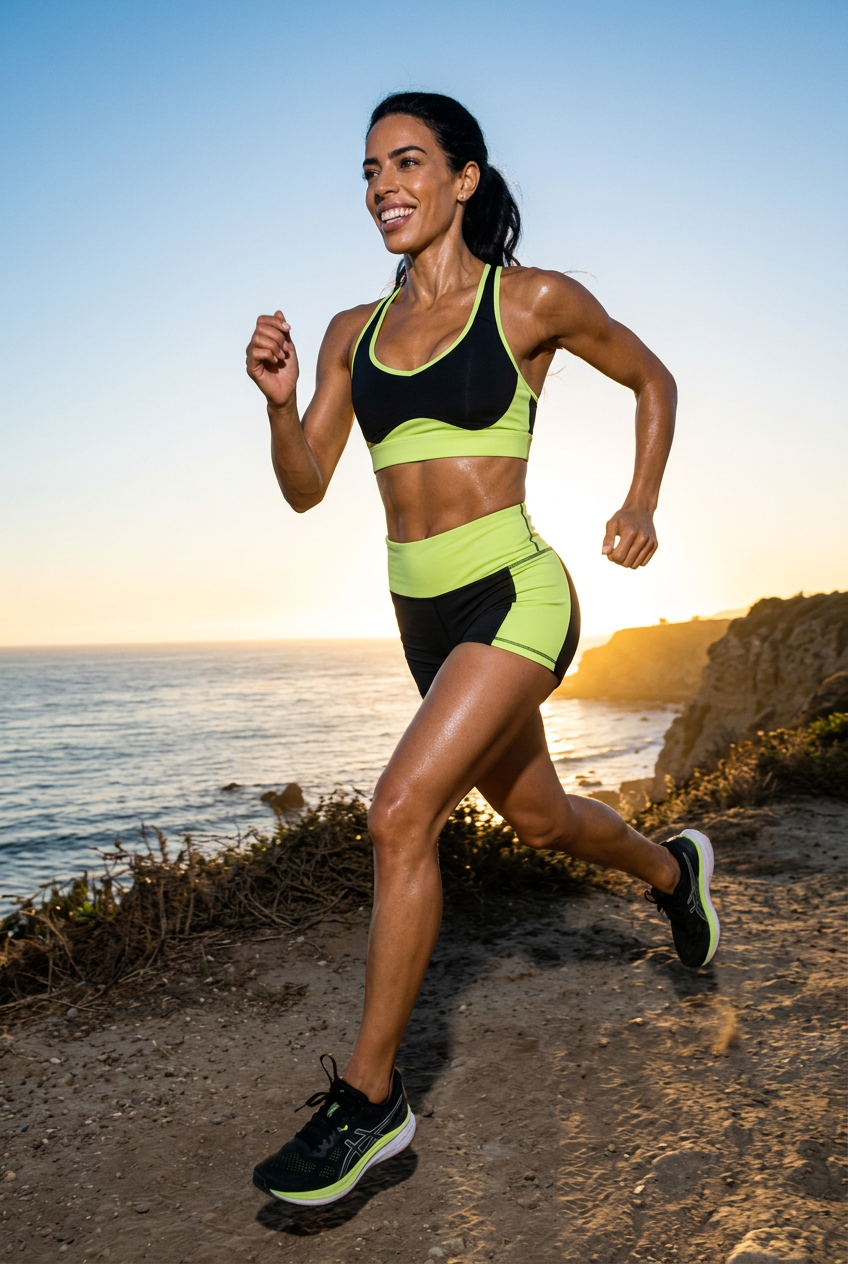 Elara running in a neon lime set